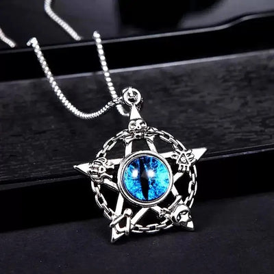 Men Stainless Steel Pentacle Star Evil Eye Skull Pendant Necklace Blue Eye